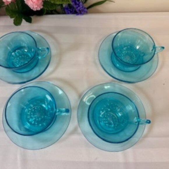 Hazel Atlas Turquoise Blue Glass Cup and Saucer Set Vintage Depression‎ Glass - Picture 5 of 6